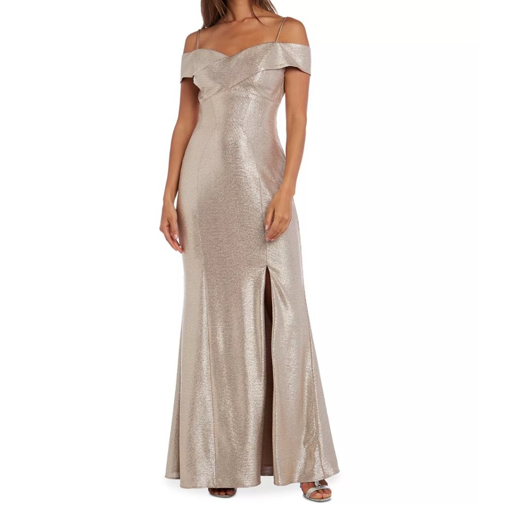 Nightway Long Shimmer Off the Shoulder Gown - Champagne